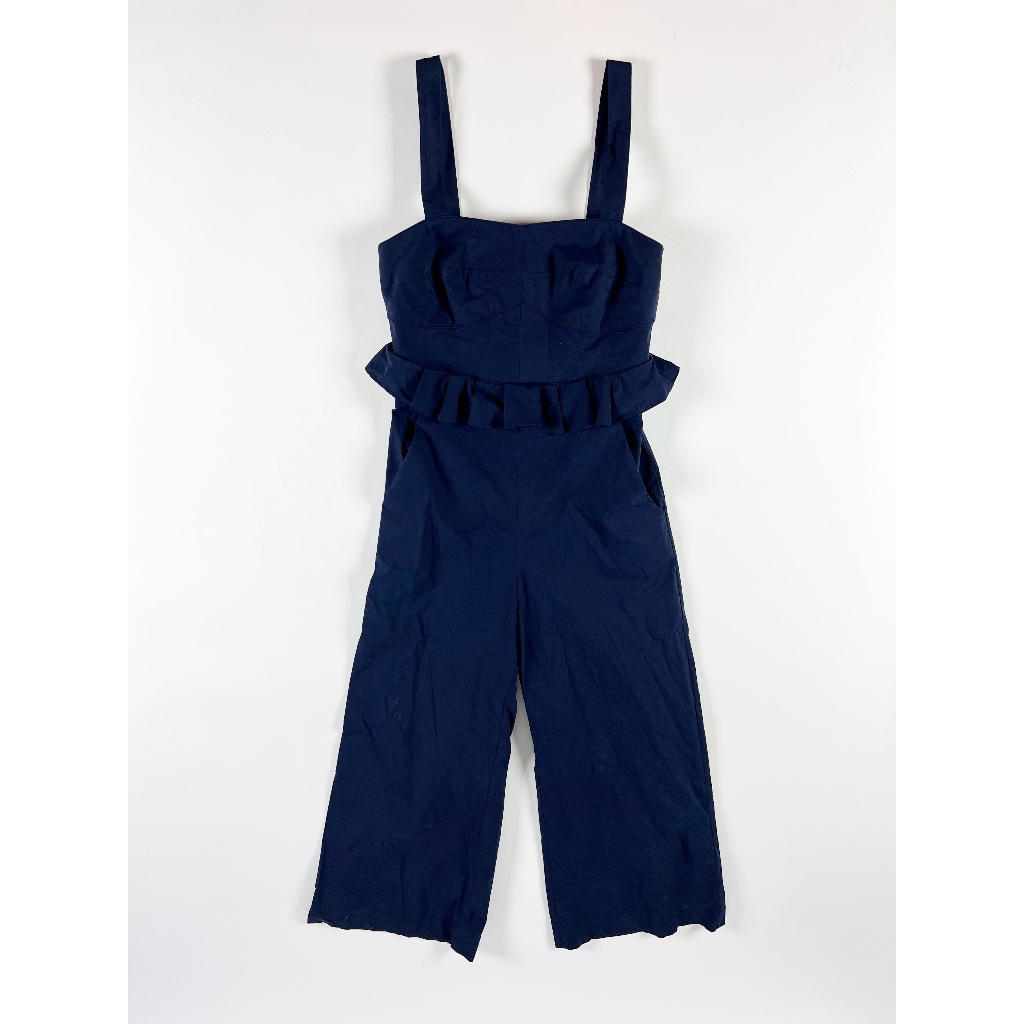 Sea Leia Cotton Poplin Flirty Ruffle Waist Square Neck Full Length Jumpsuit Blue